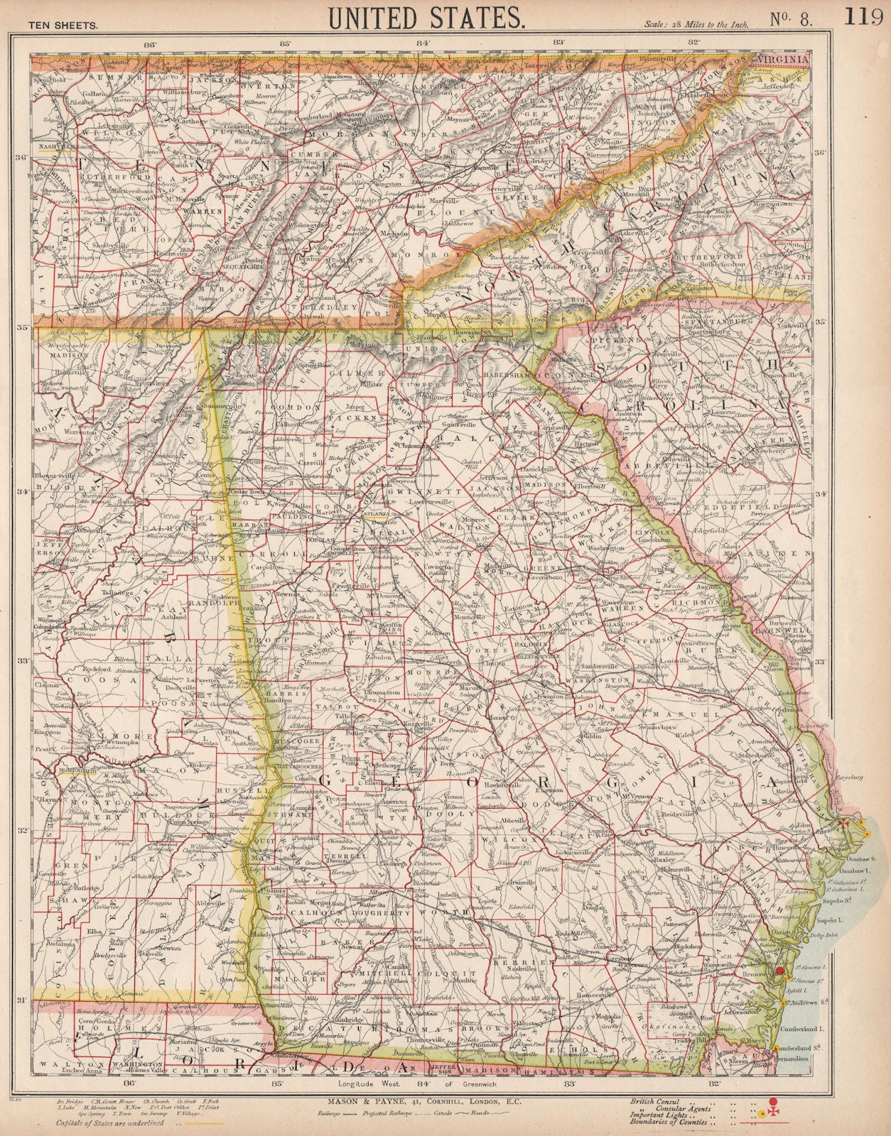 GEORGIA & Southern Appalachia. Alabama Tennessee NC SC Railroads. LETTS 1889 map